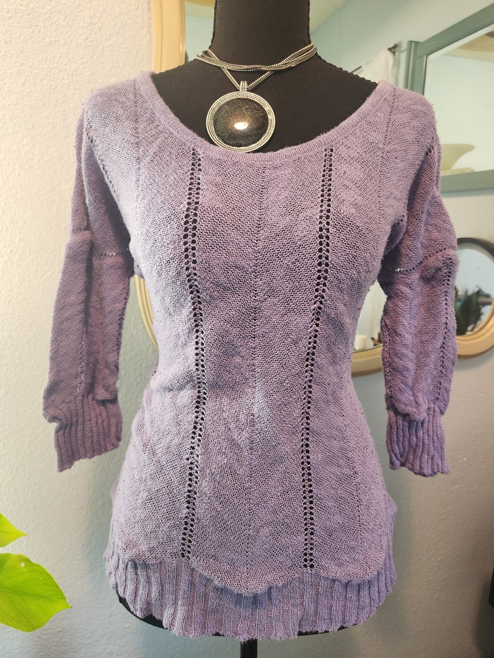 Knitted And Knotted Lavender Open-Stitch Scoopneck Sweater